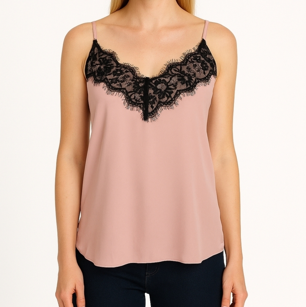 Veronica M Pink Camisole Black Lace Trim Adjustable Straps Size XS
